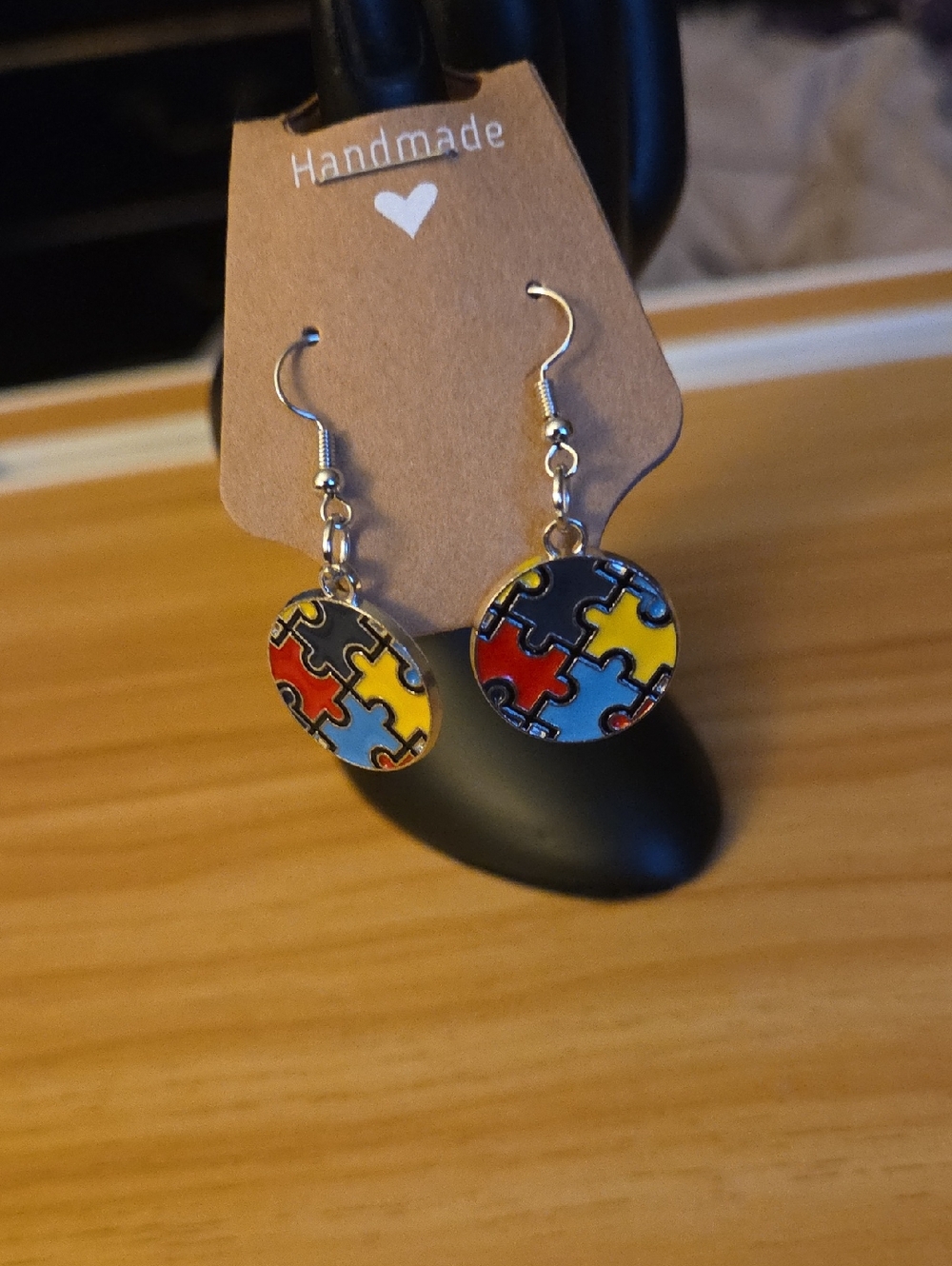 Handmade Round Puzzle Piece Drop Earrings in Red, Yellow & Blue